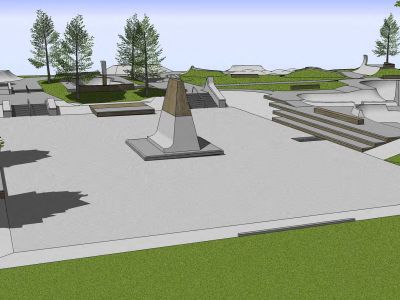 Open plaza and skateable art feature